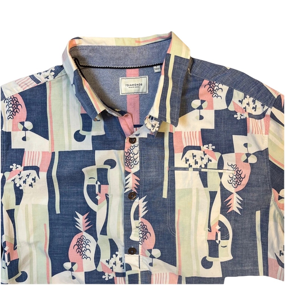 7Diamonds Button‎ Down Shirt Mens Blue Pink Pineapple Short Sleeve - FITS SMALL